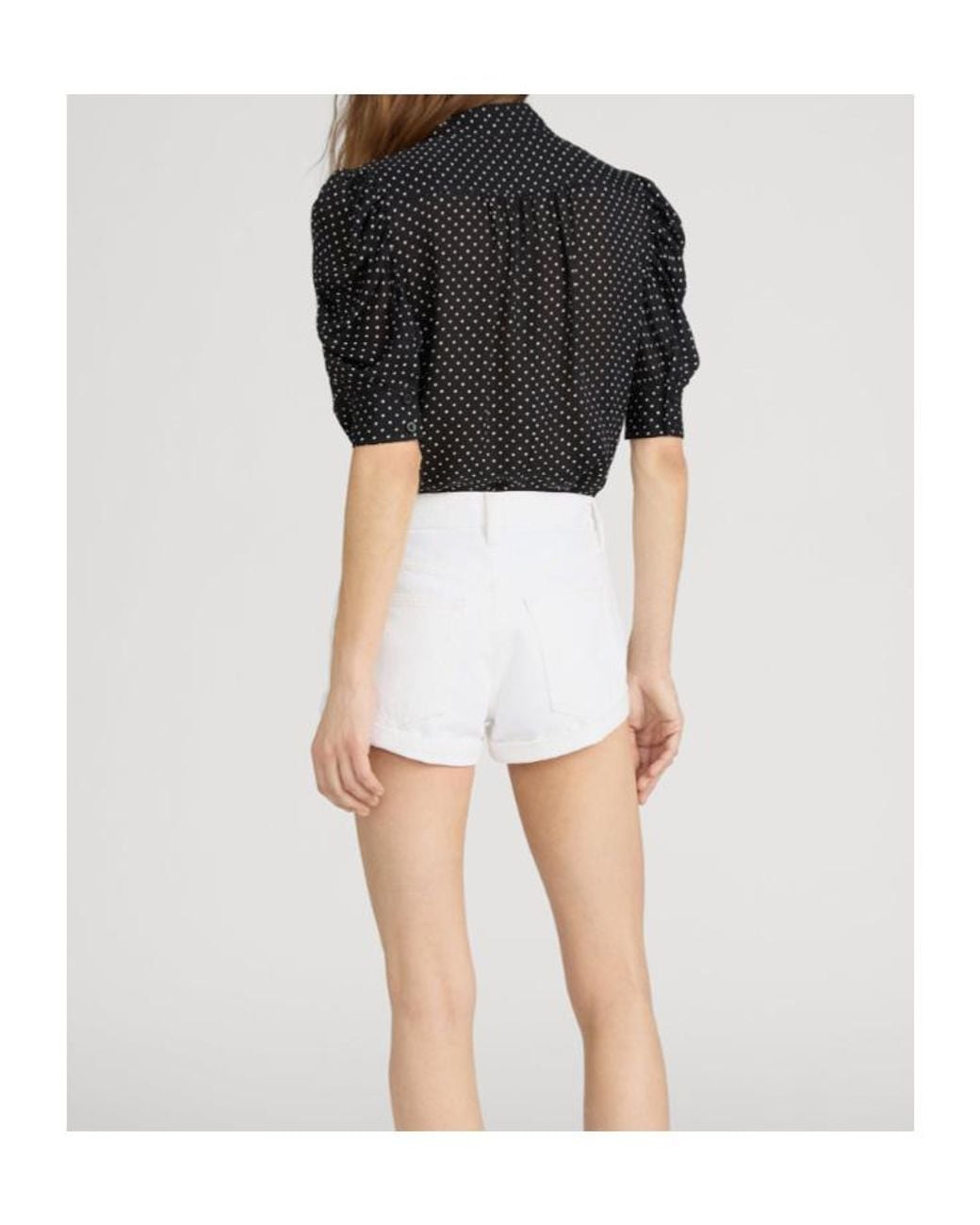 FRAME Black Ruched-Sleeve Polka Dot Top