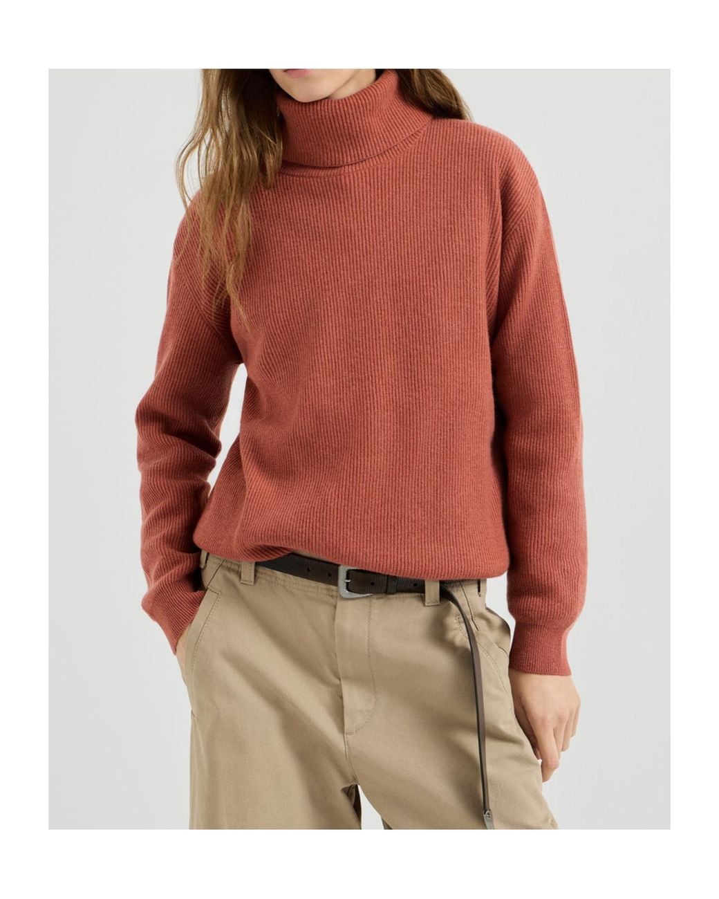 Brunello Cucinelli Red Cashmere English Rib Turtleneck Sweater With Monili