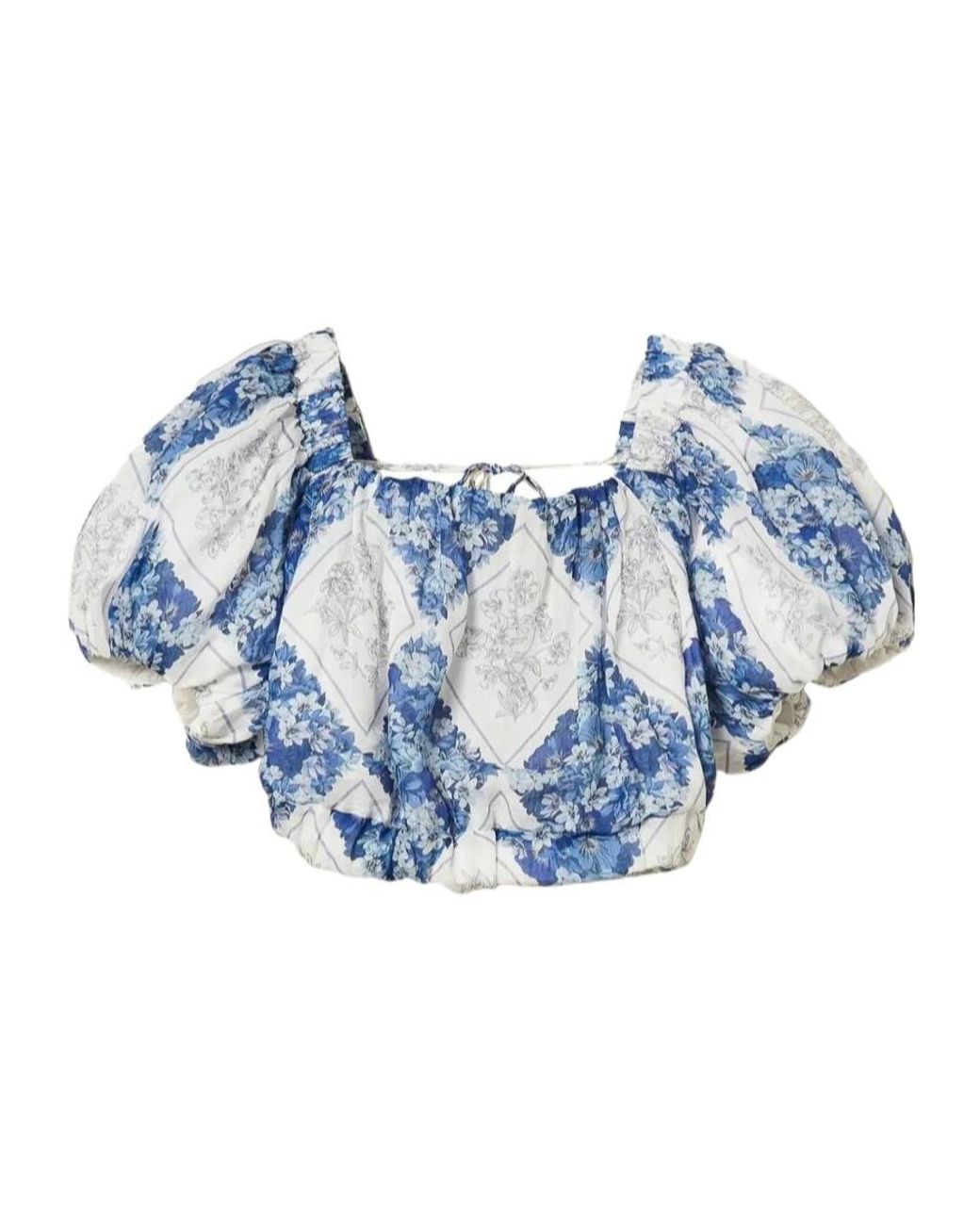 Twinset Blue Floral Puff-Sleeve Cropped Top