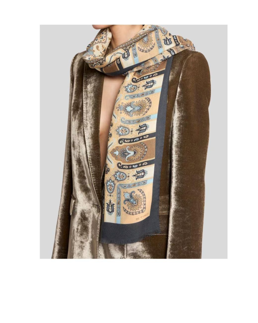 Etro Natural Wool And Silk Scarf With Paisley Motif And Floral Details