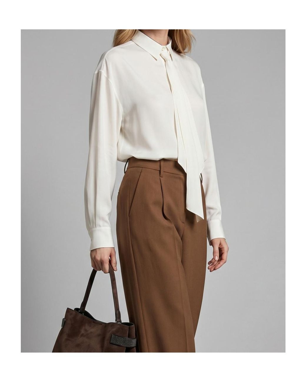 Brunello Cucinelli White Long Sleeve Tie Detail Blouse