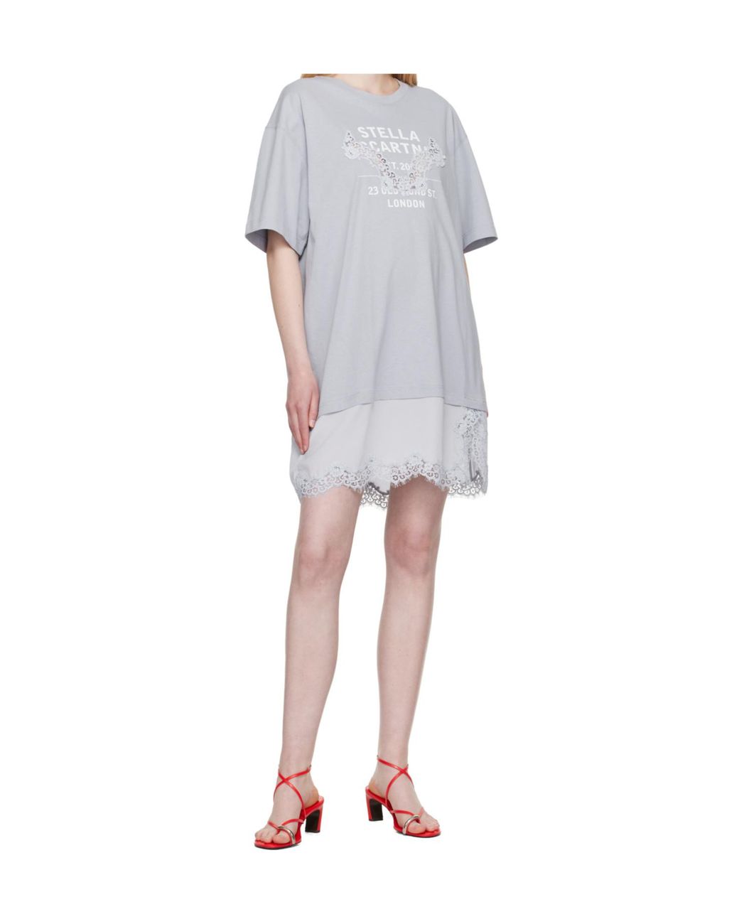 Stella McCartney Lace-Insert Graphic T-Shirt Dress in Gray | Lyst