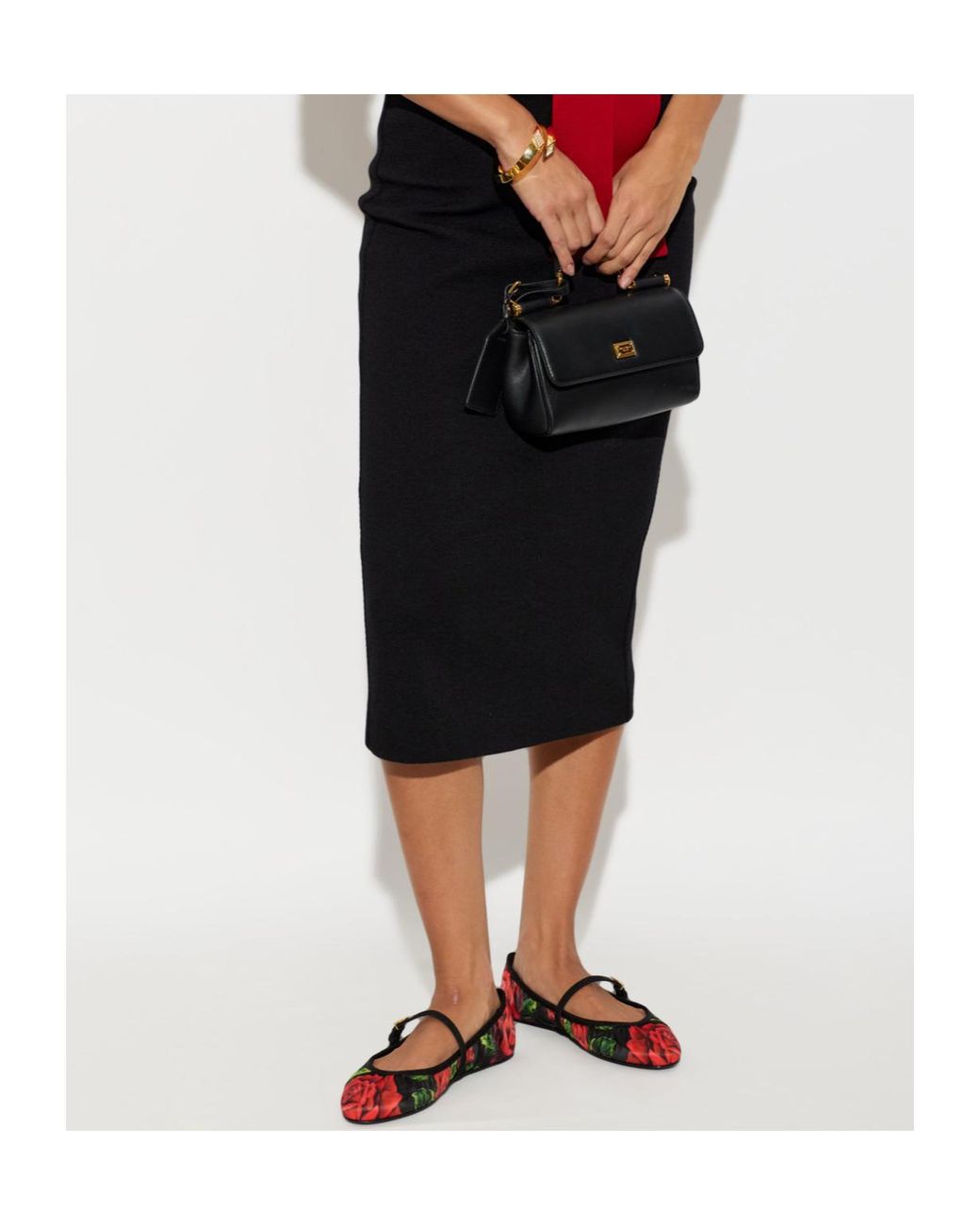 Dolce & Gabbana Red Rose-Print Satin Ballet Flats