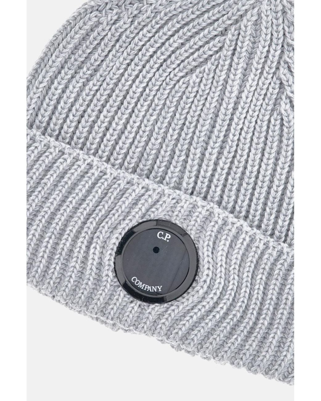 C P Company White Logo Plaque Knit Beanie for men