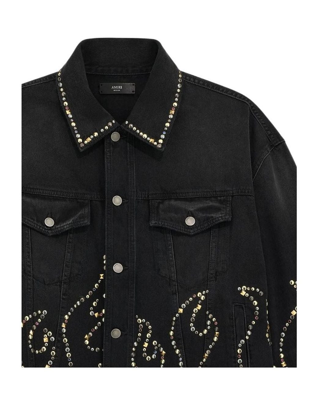 Amiri Black Stud Embellished Flames Frayed Trucker Jacket for men