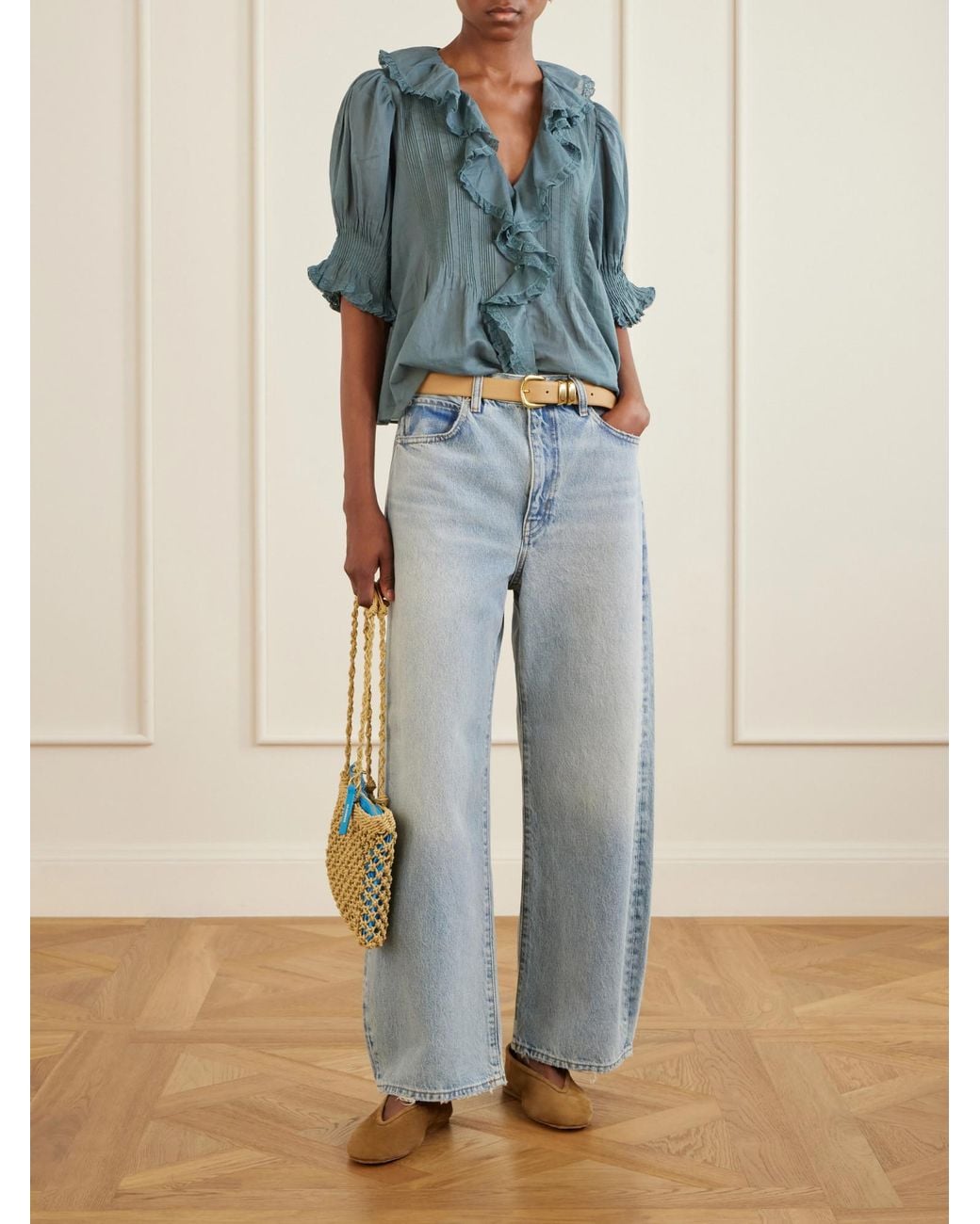 Doen Blue Lace-Trimmed Organic Cotton Blouse