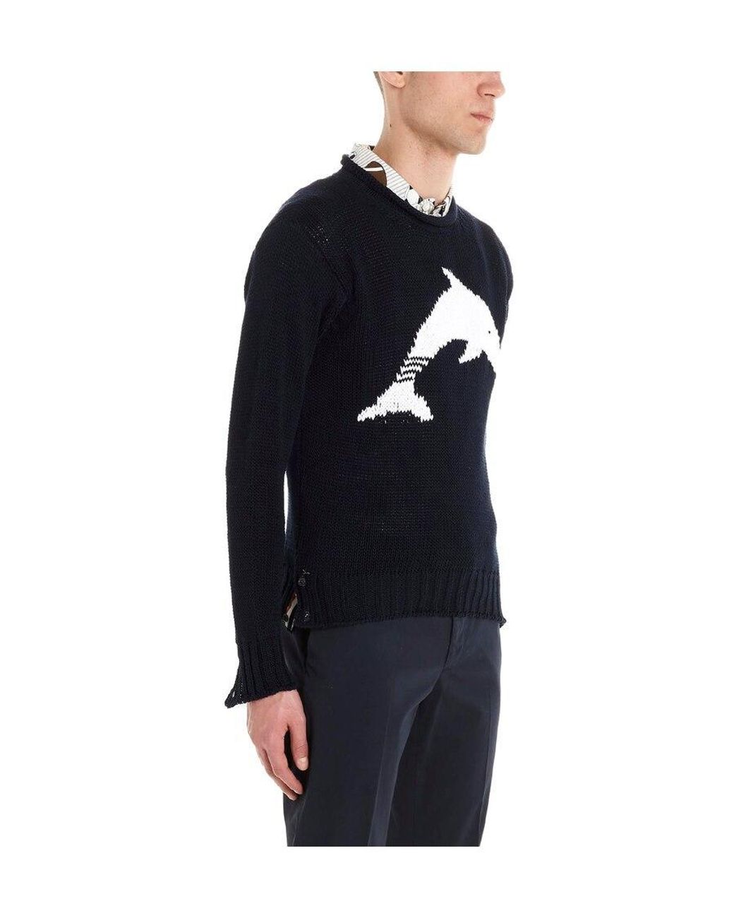 Thom Browne Blue Dolphin Intarsia 4-Bar Jumper for men