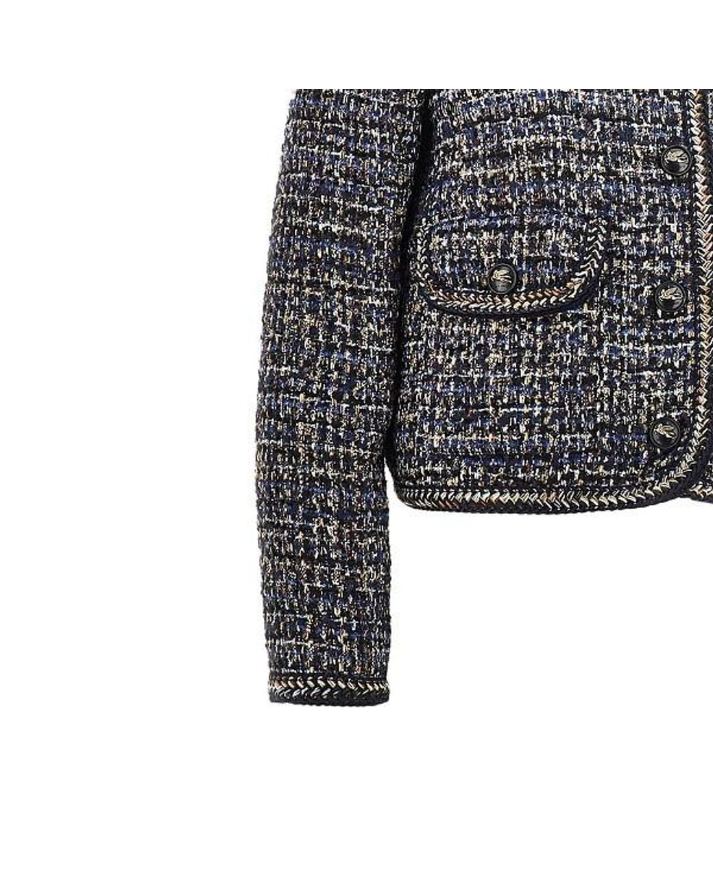 Etro Black Fringed Pocket Tweed Blazer