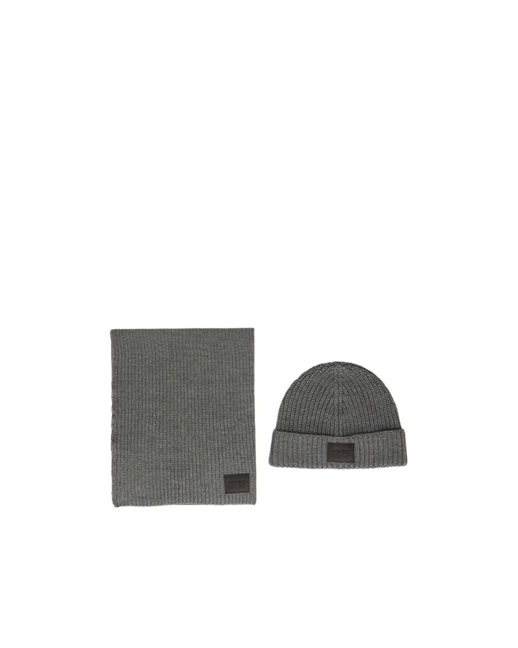 Boss Gray Ribbed Logo-Patch Beanie Hat Set for men