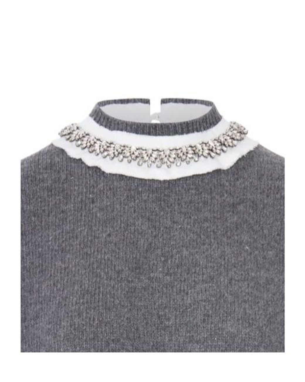 Prada Gray Embellished Collar Short-Sleeved Knitted Jumper