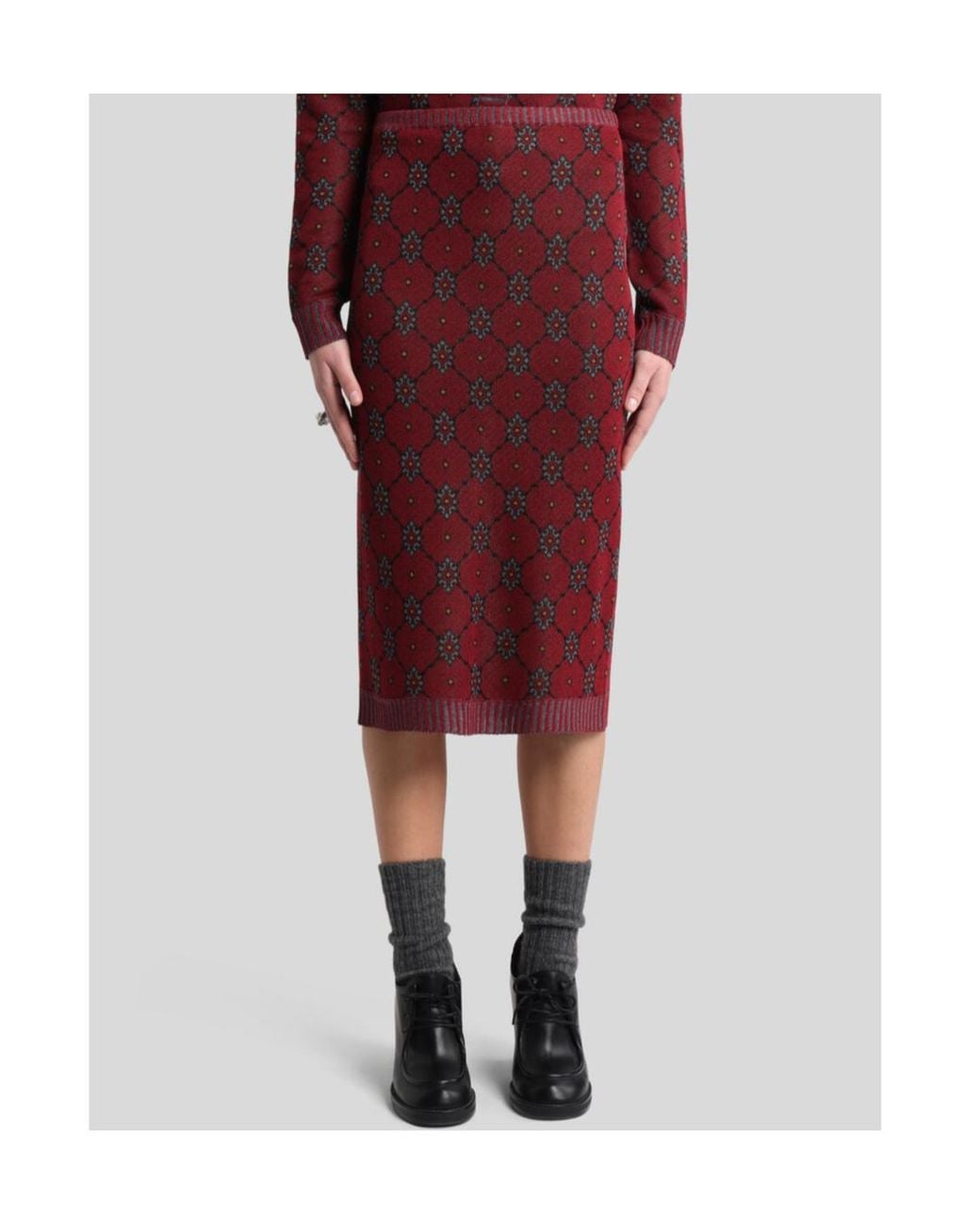 Etro Red Patterned Knit Midi Skirt