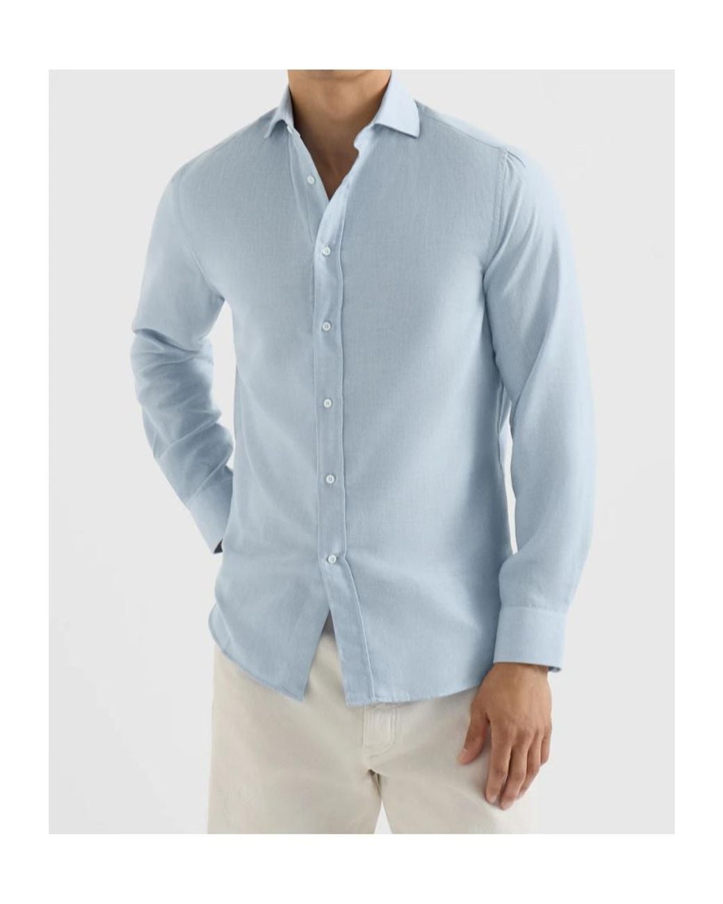 Brunello Cucinelli Blue Cotton And Cashmere Denim-Effect Diagonal Shirt With Spread Collar for men