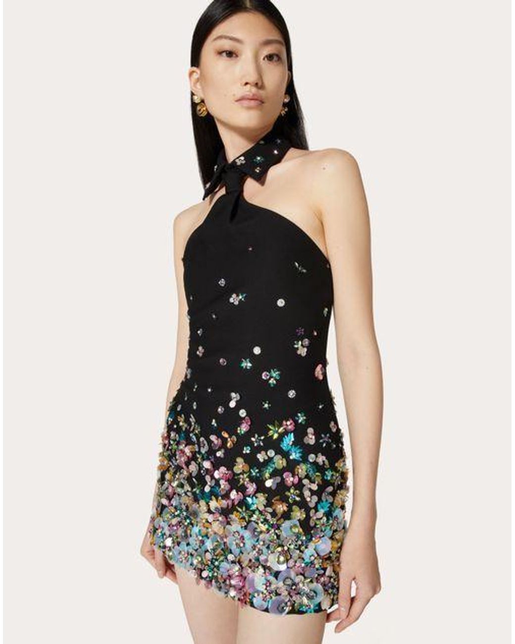 Valentino Black Floral-Embellished Collared Mini Dress