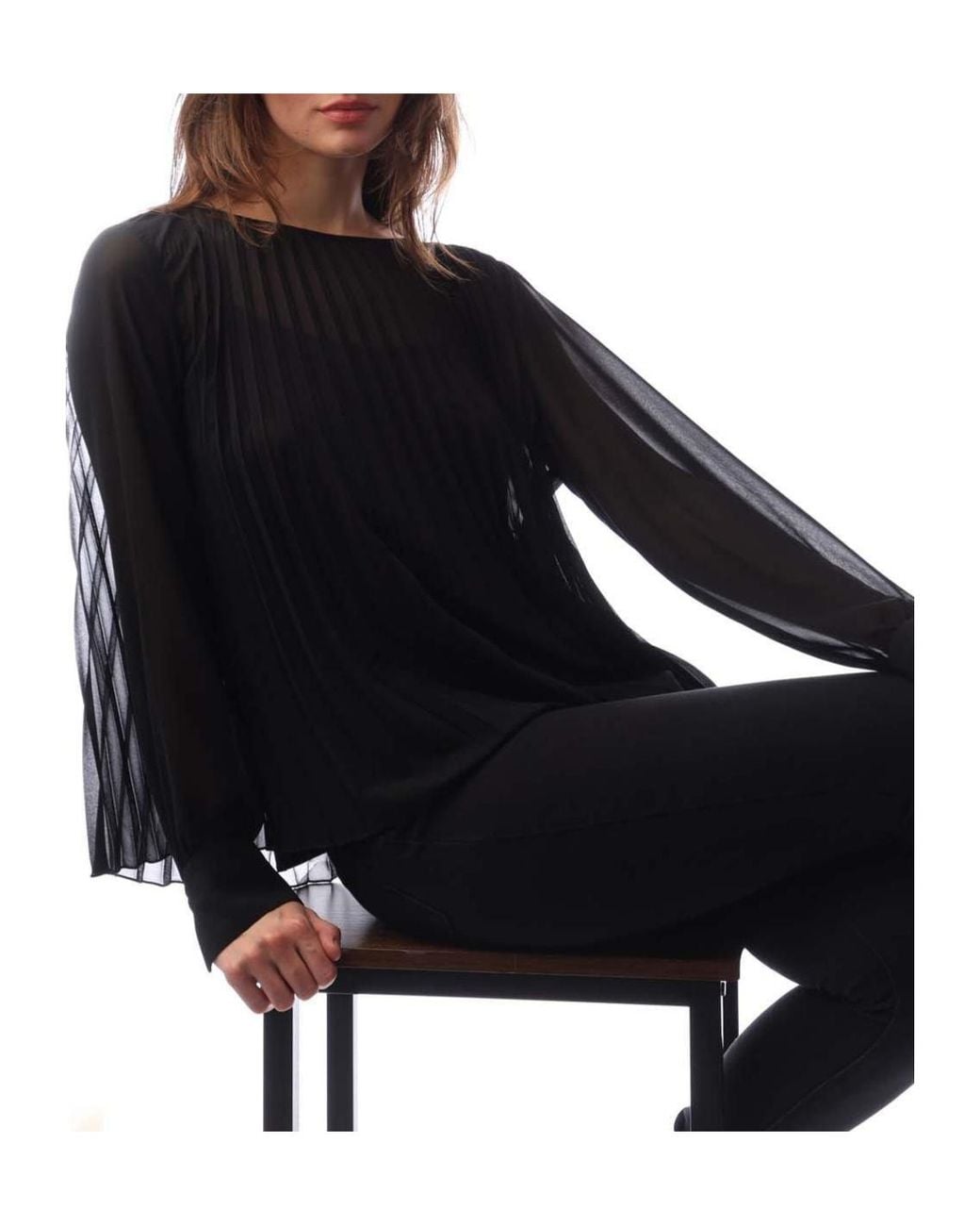 Boss Blue Boatneck Pleated Chiffon Blouse