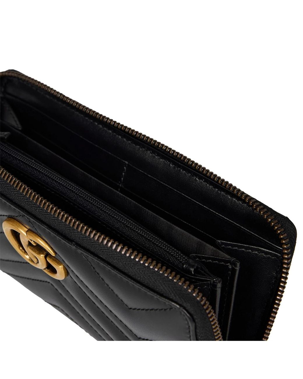 Gucci Black Leather Gg Marmont Zip Around Wallet