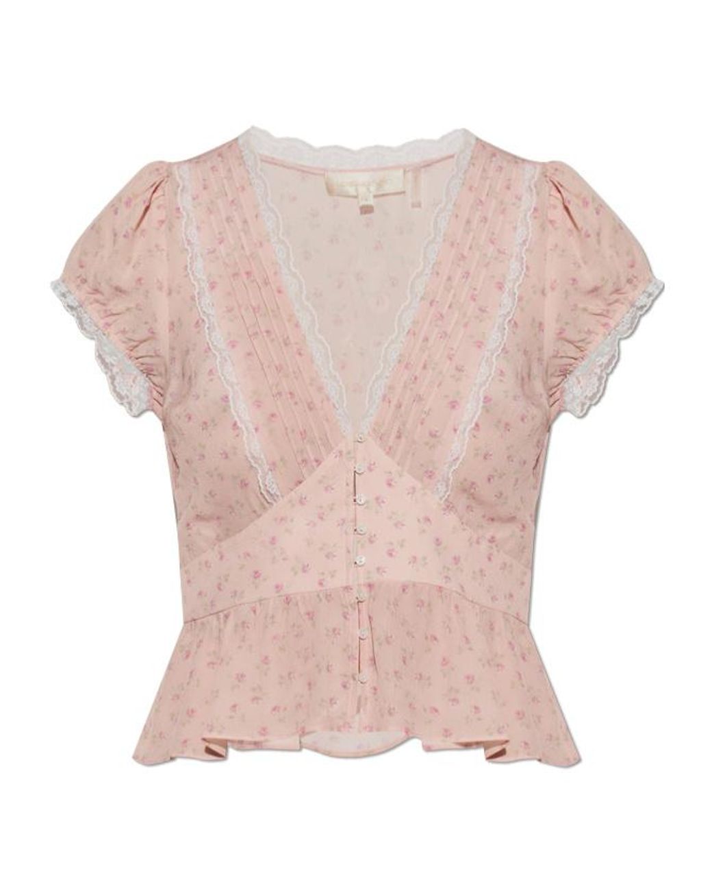 LoveShackFancy Pink Bondy Lace Trim Peplum Top