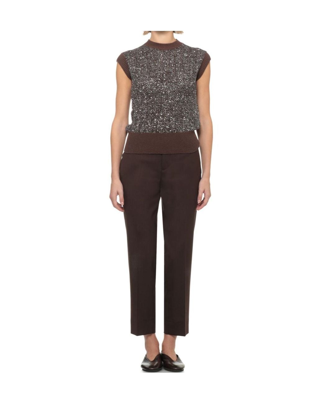 D.exterior Brown Sequined Sleeveless Knitted Top
