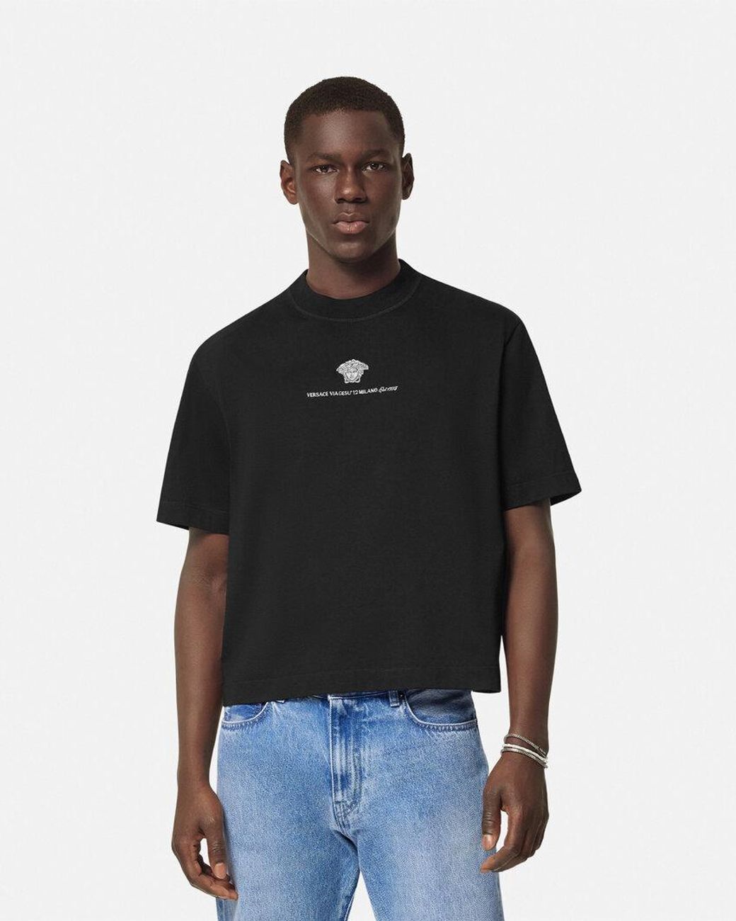 Versace Black Medusa Milano Embroidered Crewneck T-Shirt for men