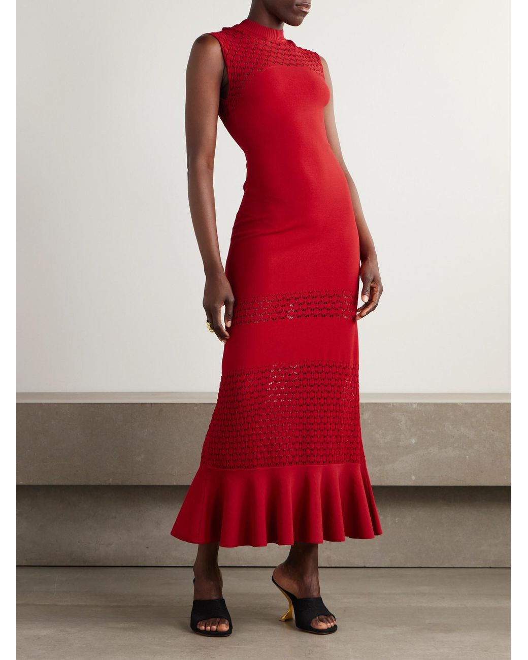 Lanvin Red Paneled Knitted Midi Dress