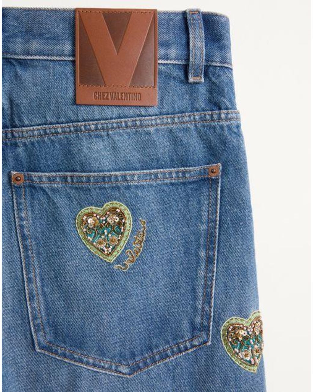 Valentino Blue Heart Embellished Wide Leg Jeans
