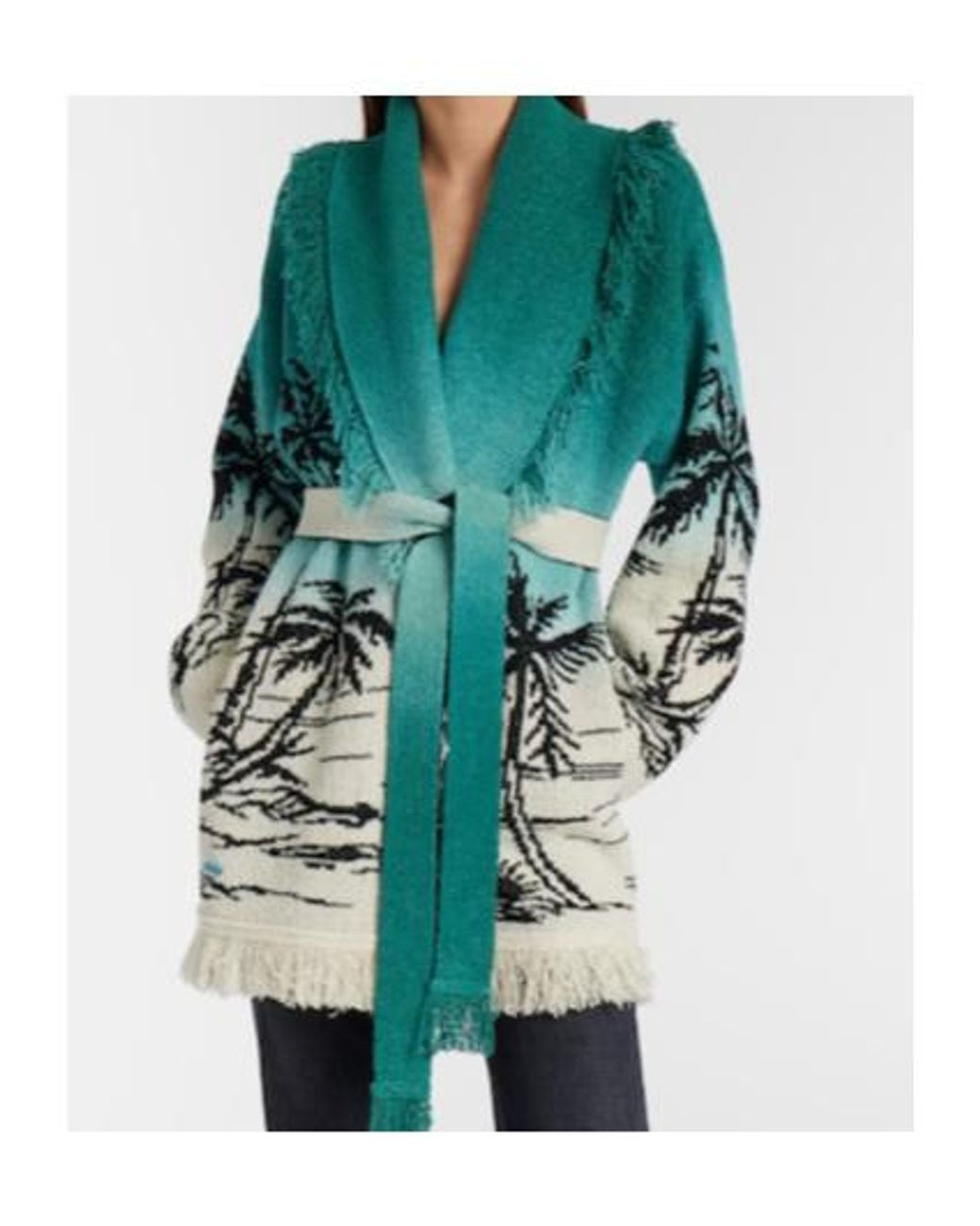 Alanui Green Wave Bloom Fringed Cotton-Blend Jacquard Cardigan