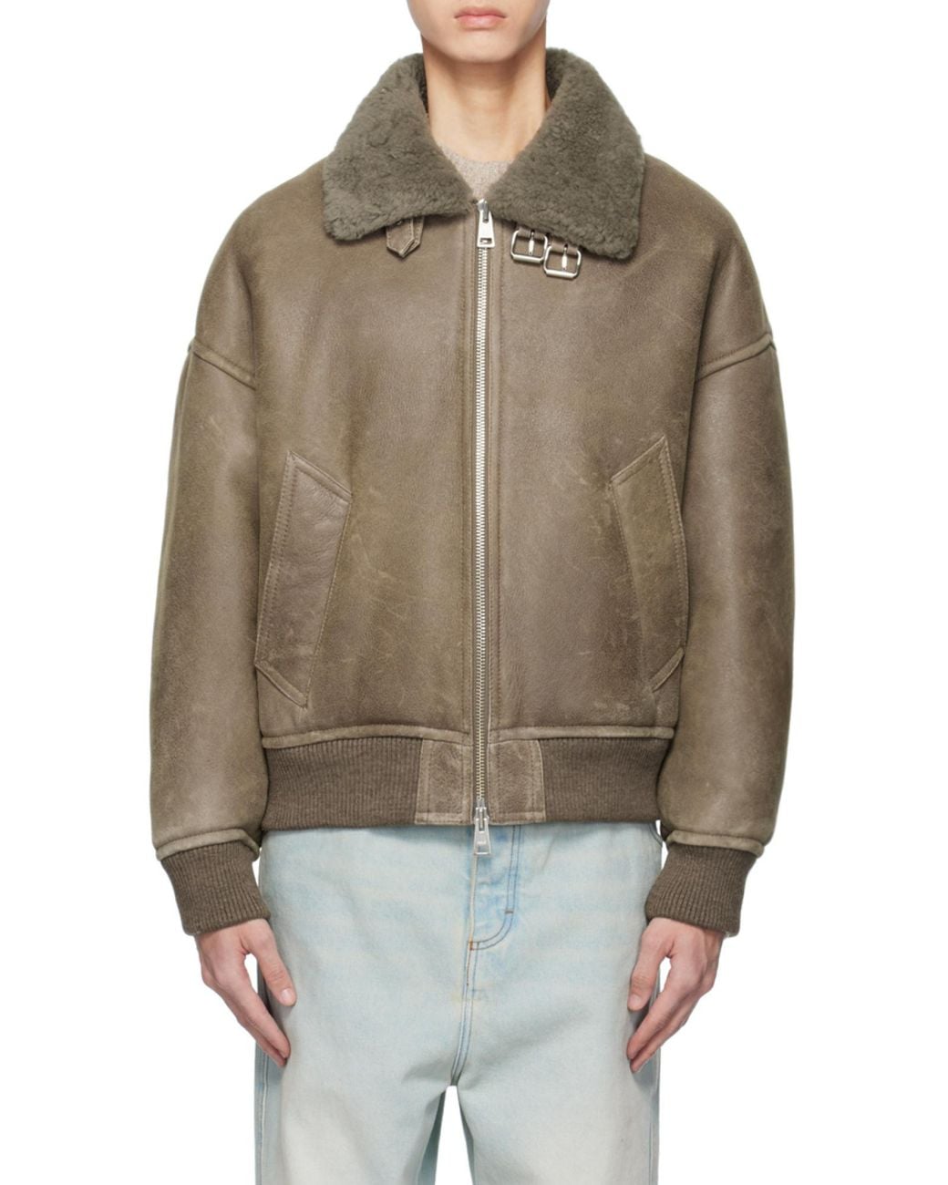 AMI Green Zipped Shearling Bomber Jacket for men