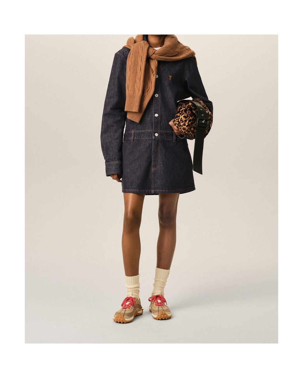 AMI Blue Cotton Denim Shirt Dress With Ami De Coeur