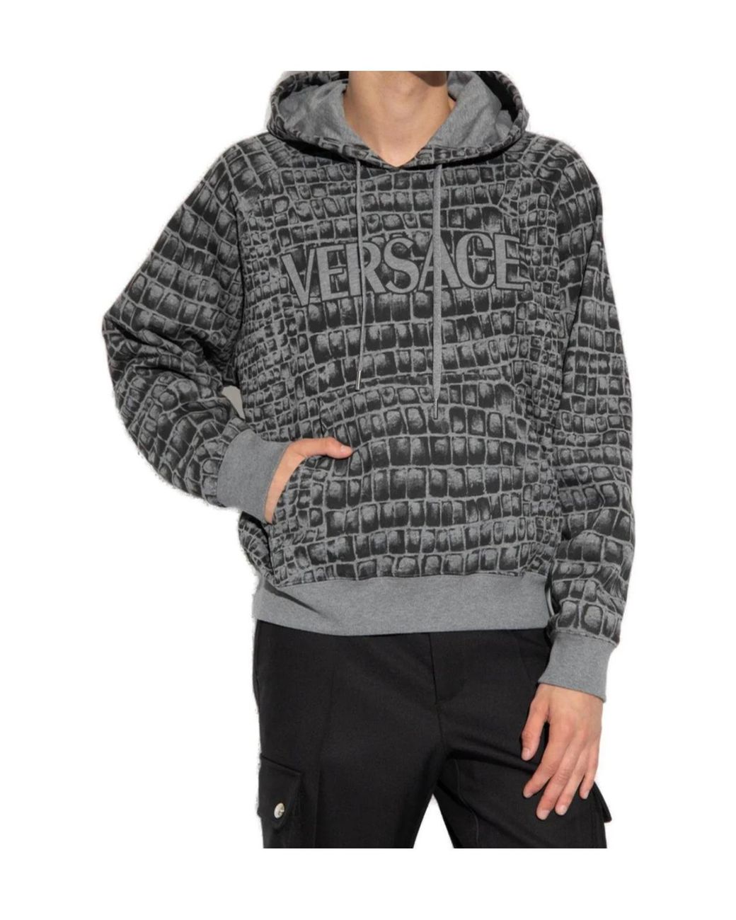 Versace Gray Logo-Printed Drawstring Hoodie for men