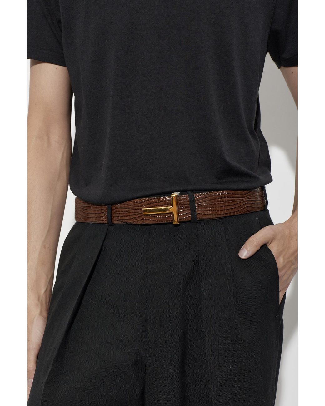 Tom Ford Brown Printed Croc T Icon Reversible Belt for men