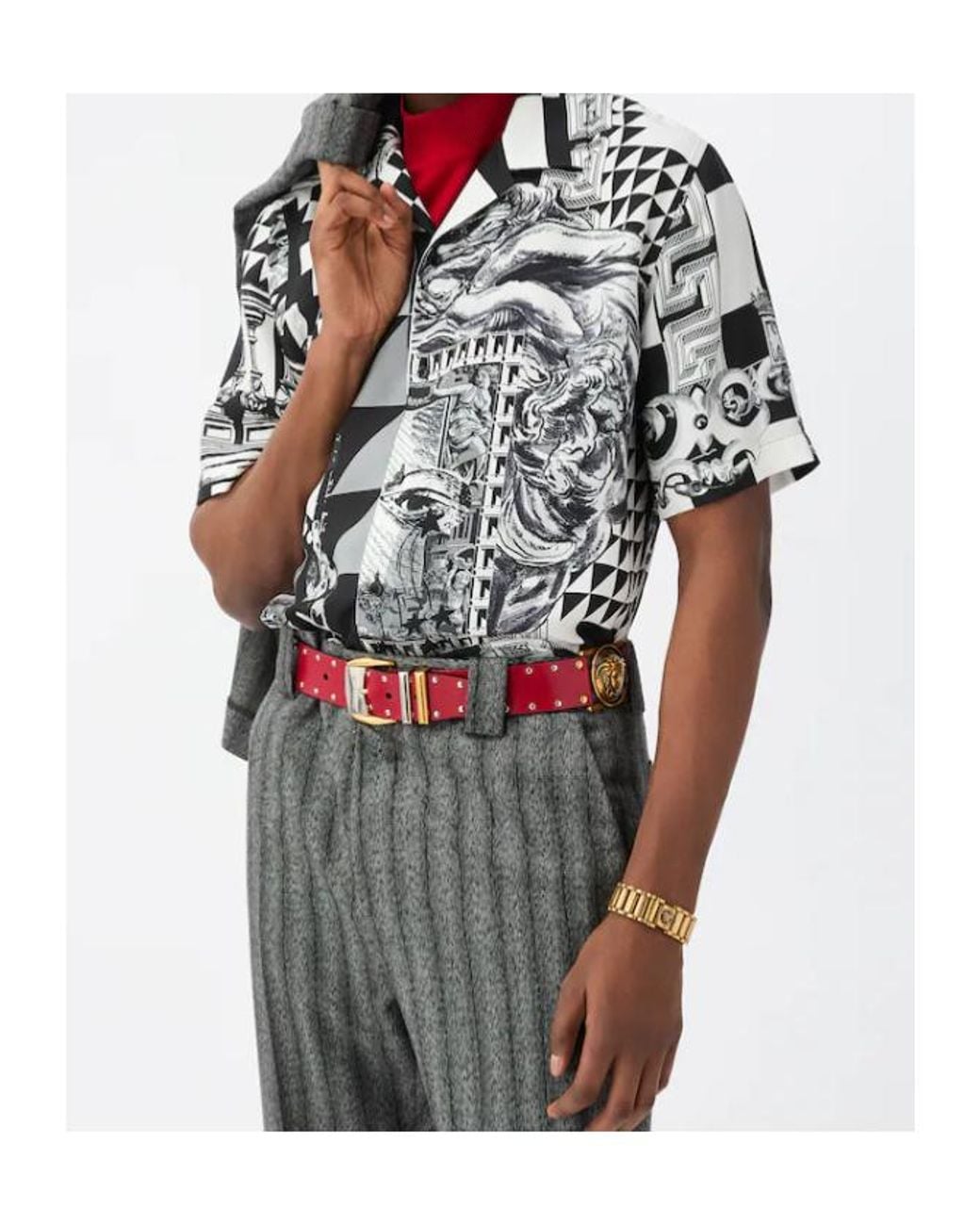 Versace Black Pattern-Printed Short-Sleeved Twill Shirt for men