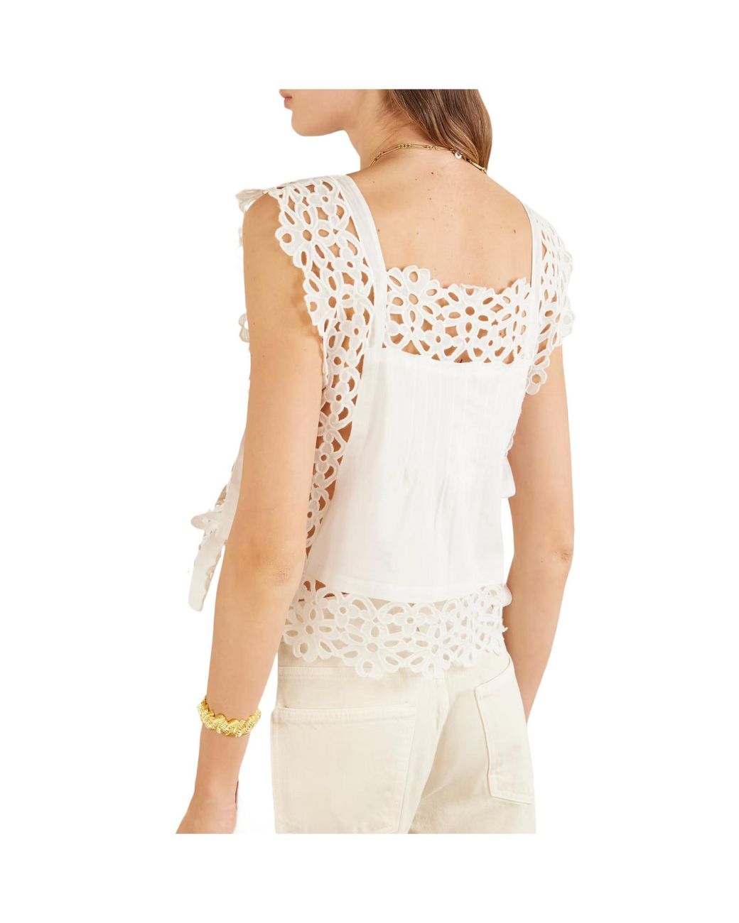Sea White Leila Bow-Embellished Broderie Anglaise-Trimmed Cotton Top