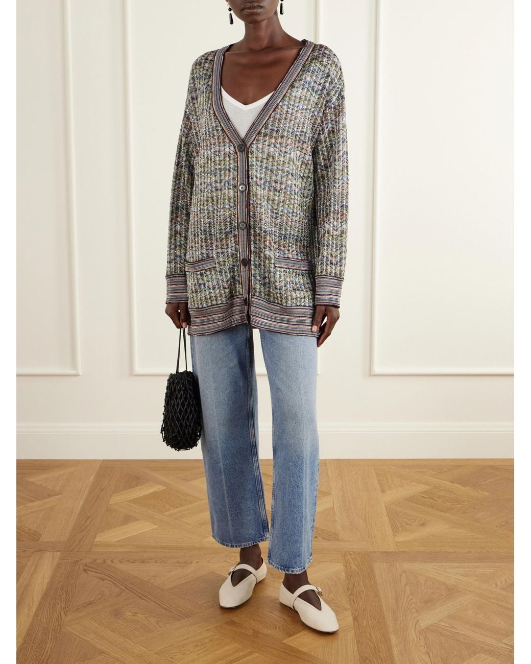 Missoni Gray Striped Metallic Crochet-Knit Cardigan