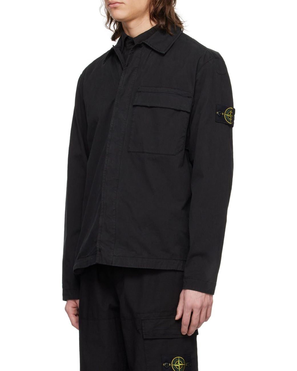 Stone Island Black Logo Patch Collared Shirt Jacket for men