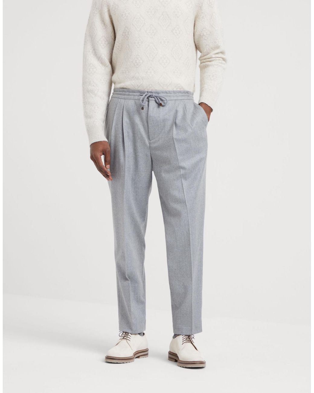 Brunello Cucinelli Gray Pleated Tapered Leg Trousers for men