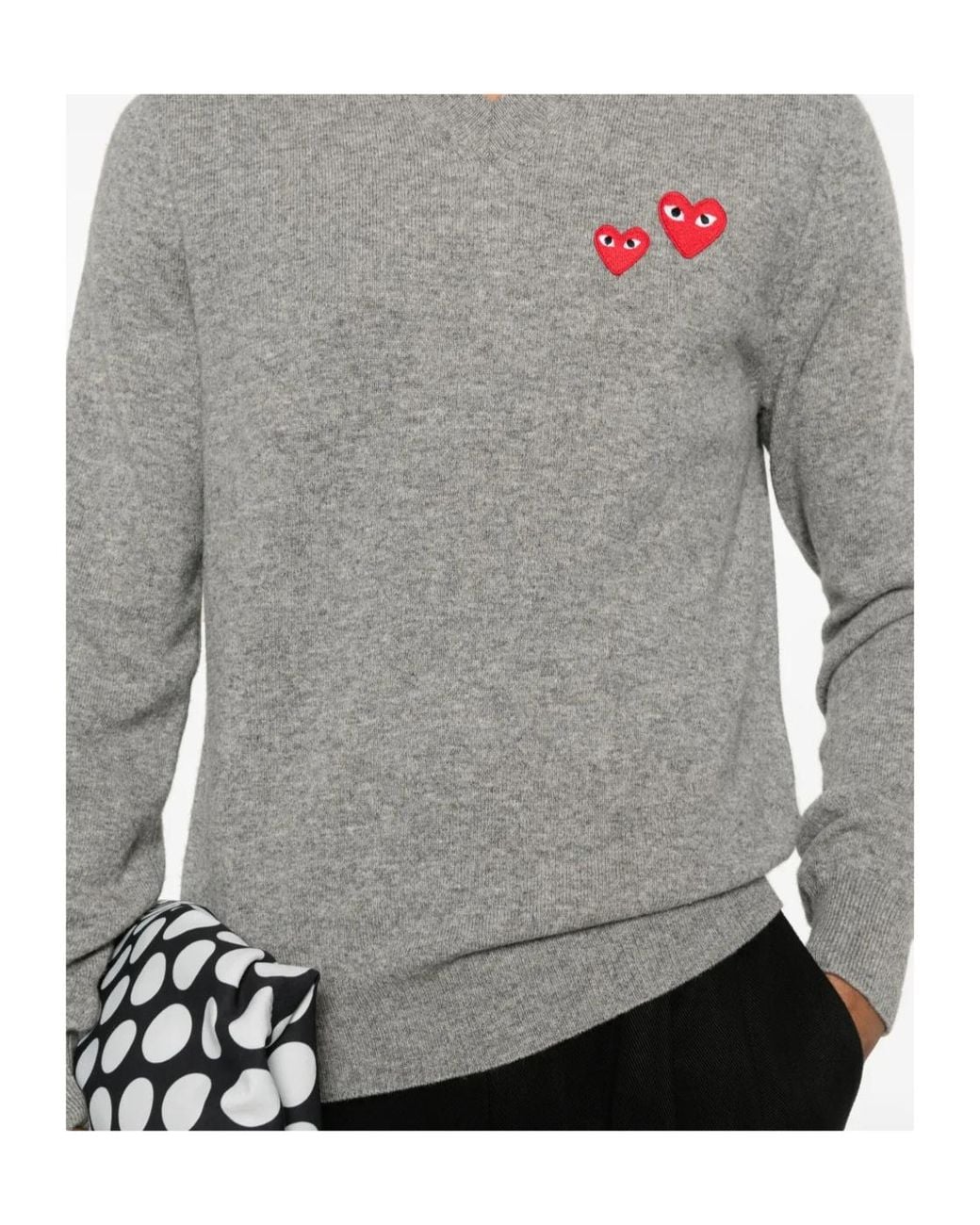 COMME DES GARÇONS PLAY Gray Comme Des Garçons Play Heart Logo V-Neck Knitted Sweater for men