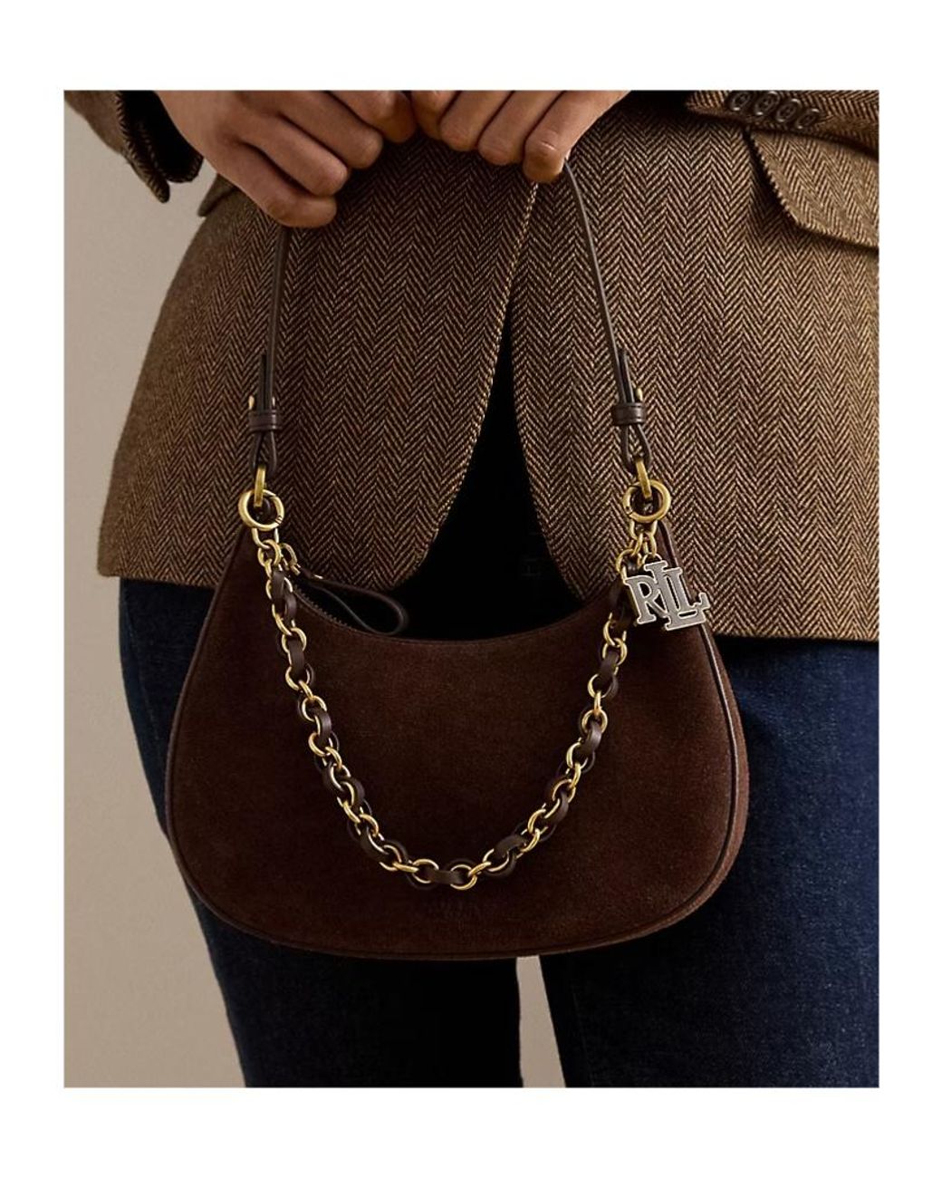Ralph Lauren Brown Suede Medium Marcy Zip Shoulder Bag