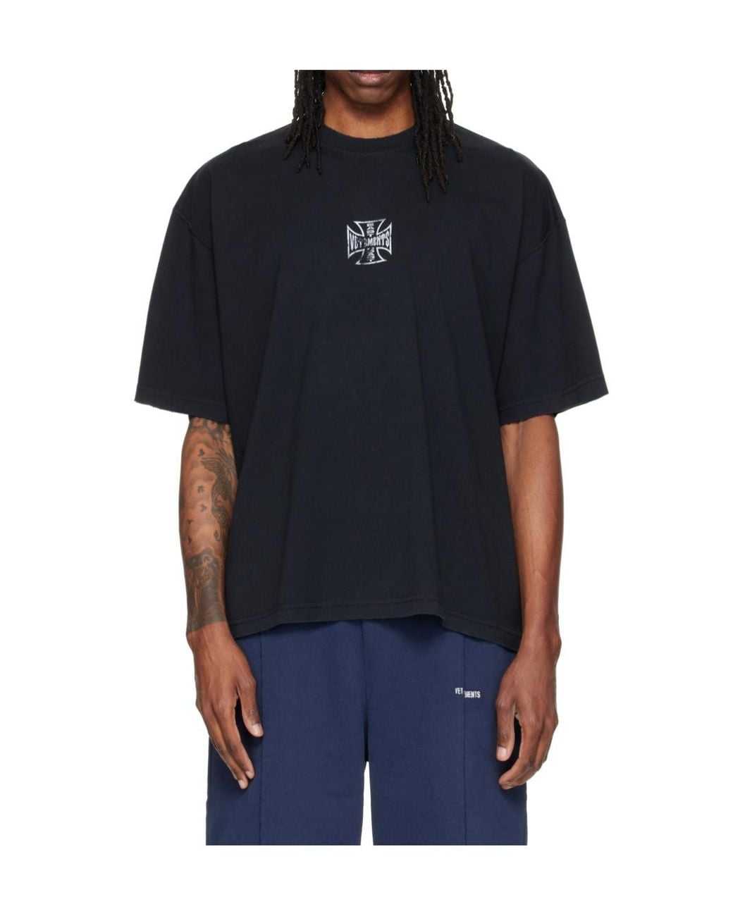 Vetements Black Oversized T-Shirt With Biker-Style Cross Graphic for men