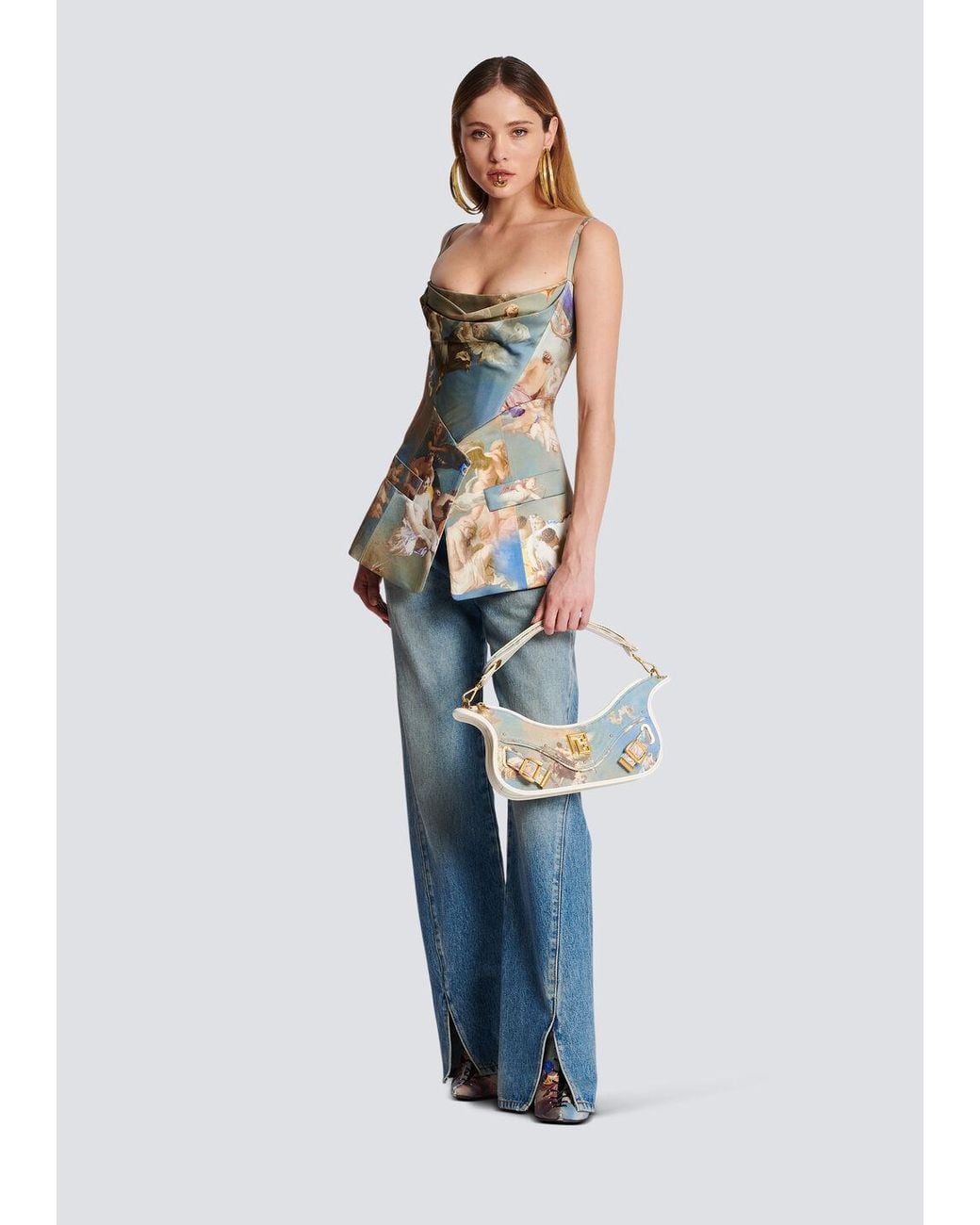 Balmain Blue Sky Printed Satin Corset Top