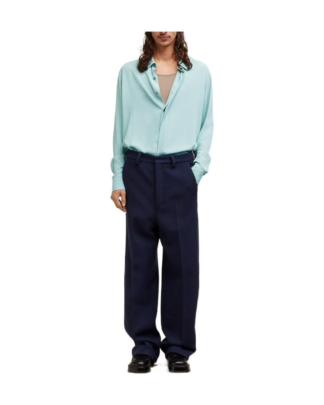 AMI Blue Button-Up Crepe Shirt for men