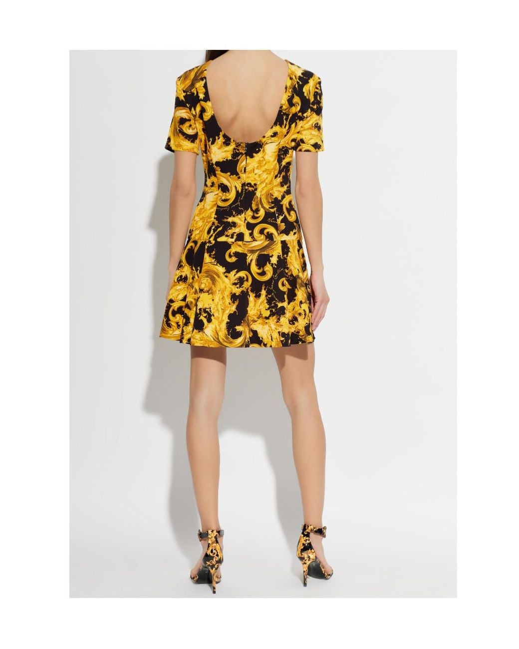 Versace Jeans Yellow Couture Baroque Printed Crewneck Mini Dress