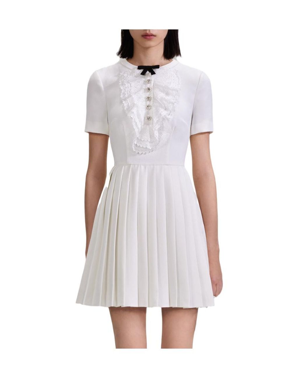 Self-Portrait White Crystal-Embellished Pleated Dress