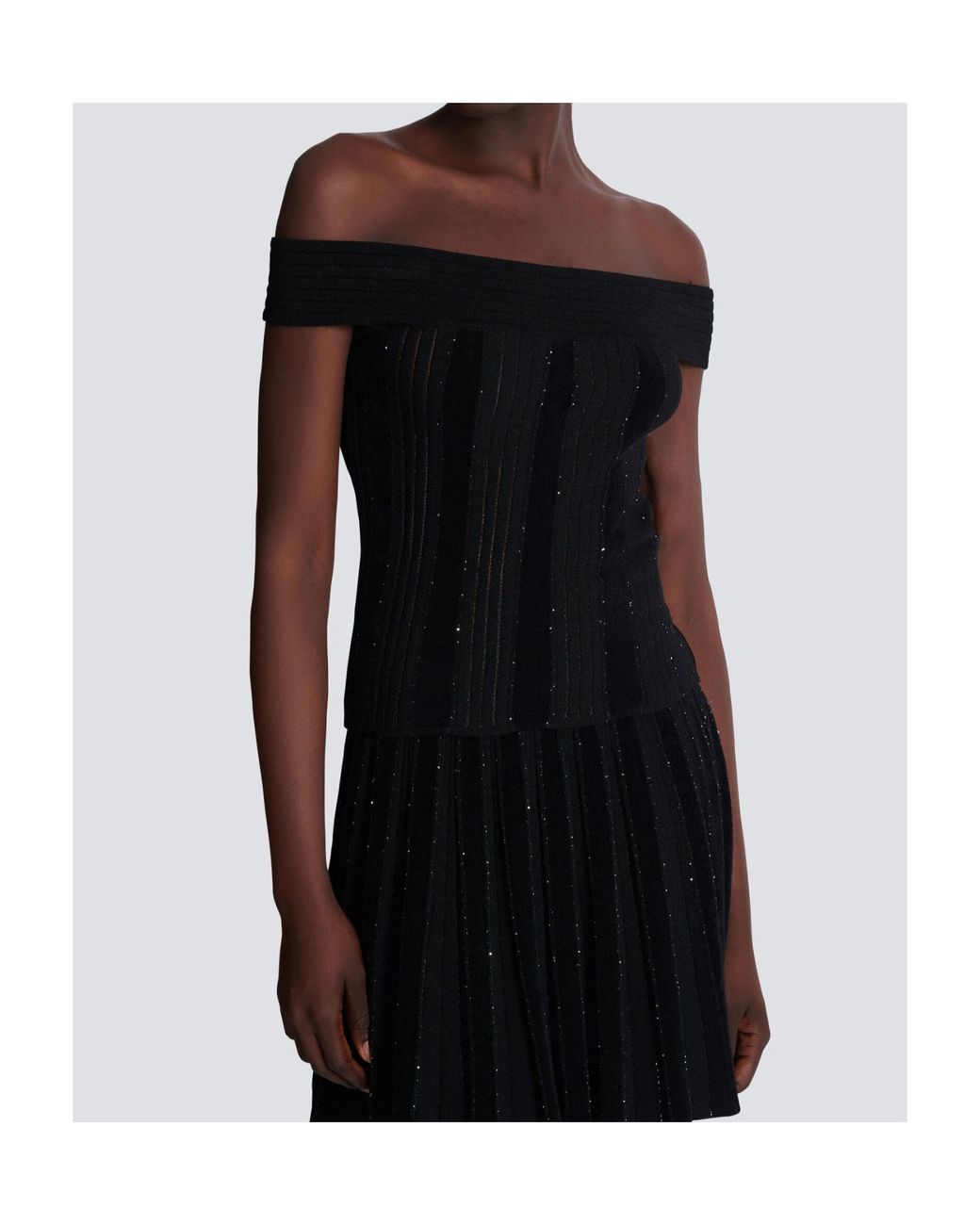 Balmain Black Off-The-Shoulder Glitter Knit Top