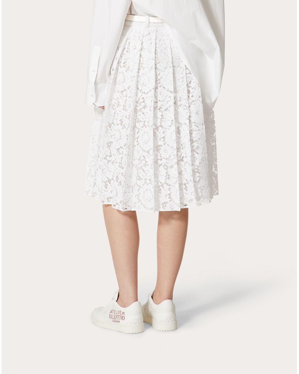 Valentino White Floral-Lace Pleated Skirt
