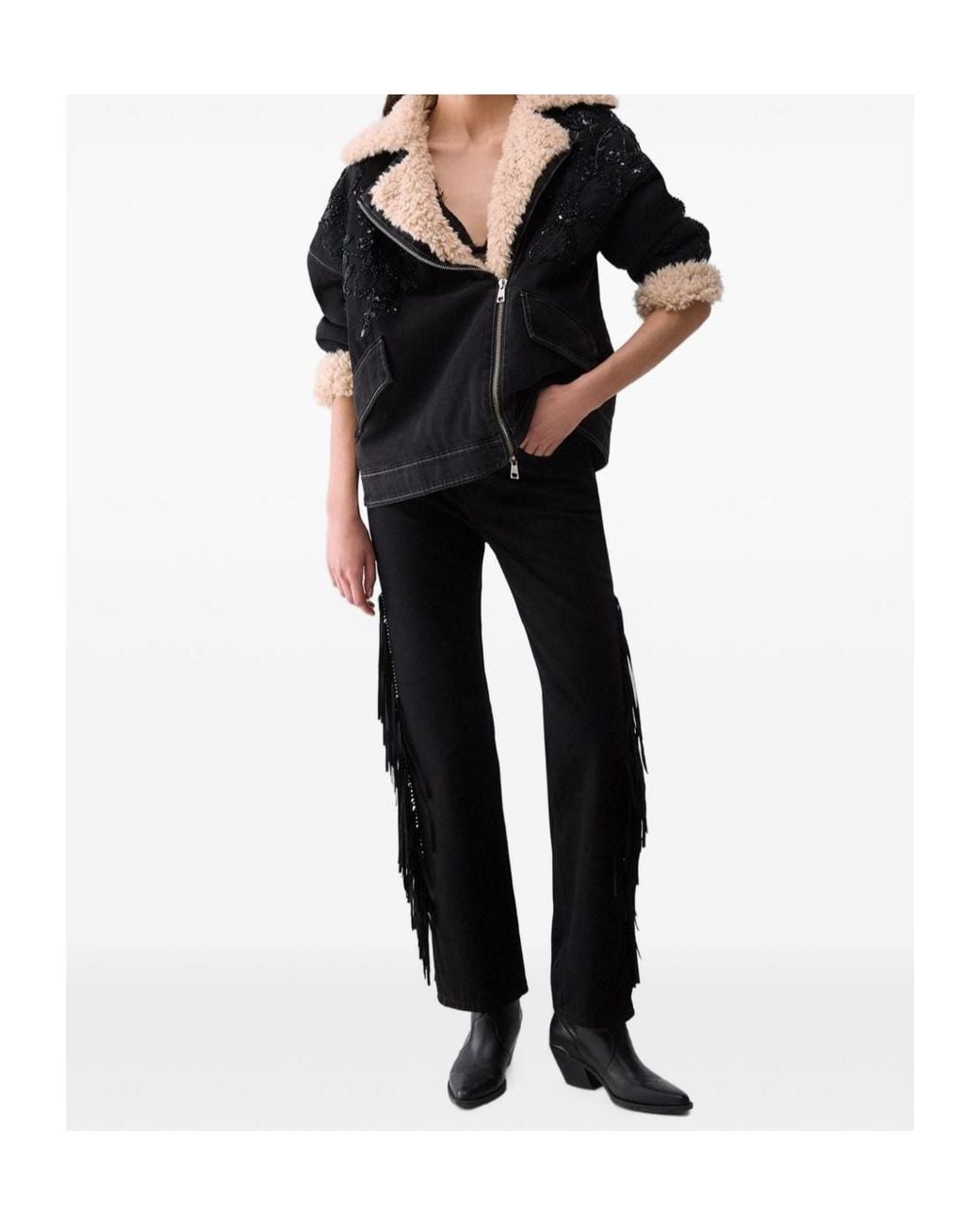 Liu Jo Black Embellished Faux Fur Denim Jacket