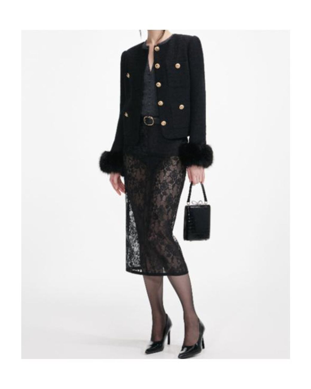 Self-Portrait Black Boucle Fur Cuff Jacket