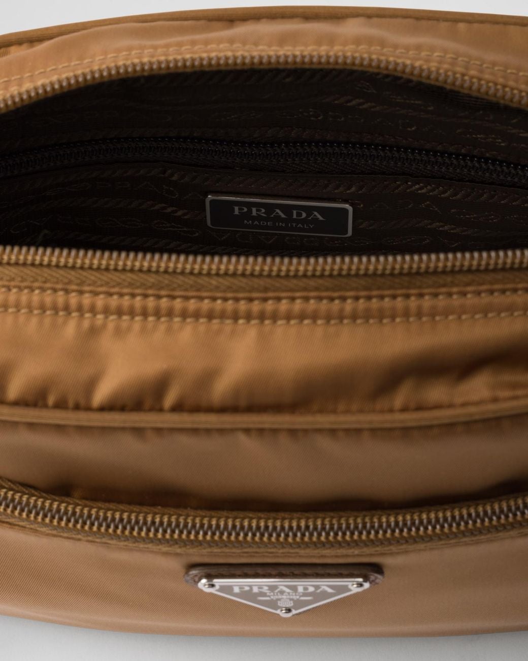 Prada Brown Logo Plaque Zipped Shoulder Bag