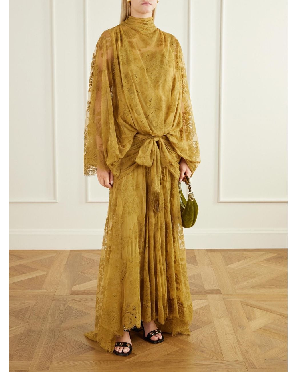 Zimmermann Metallic Bow-Detail Gathered Lace Gown