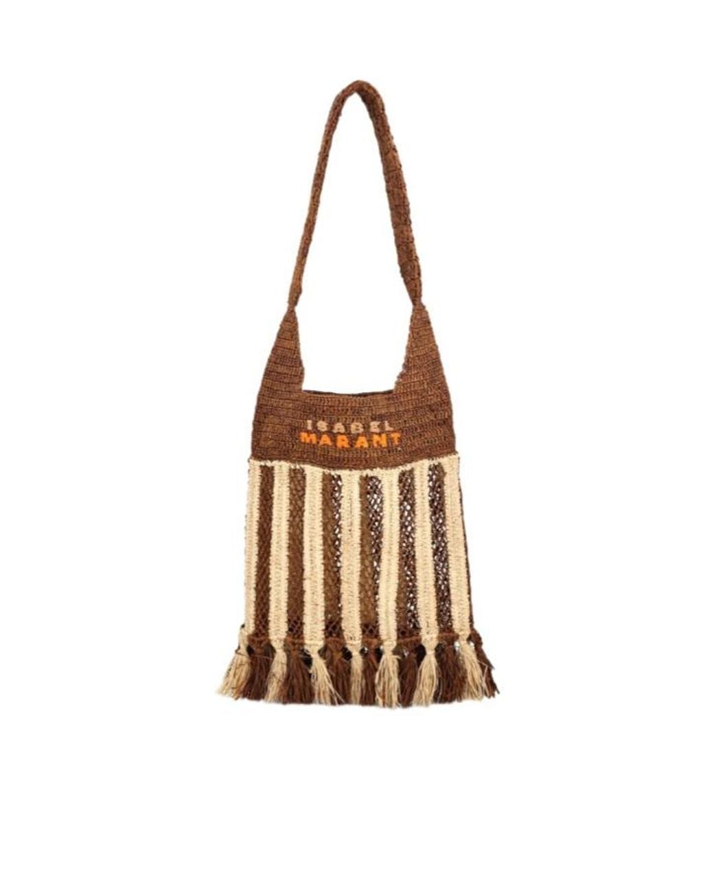 Isabel Marant Brown Logo Embroidered Striped Tassel Shoulder Bag