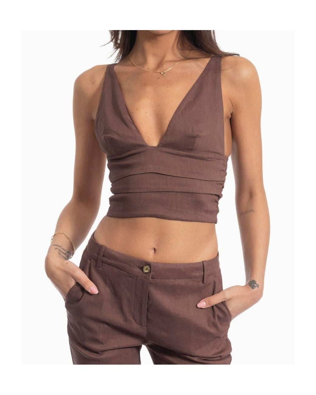Pinko Brown V-Neck Cropped Top