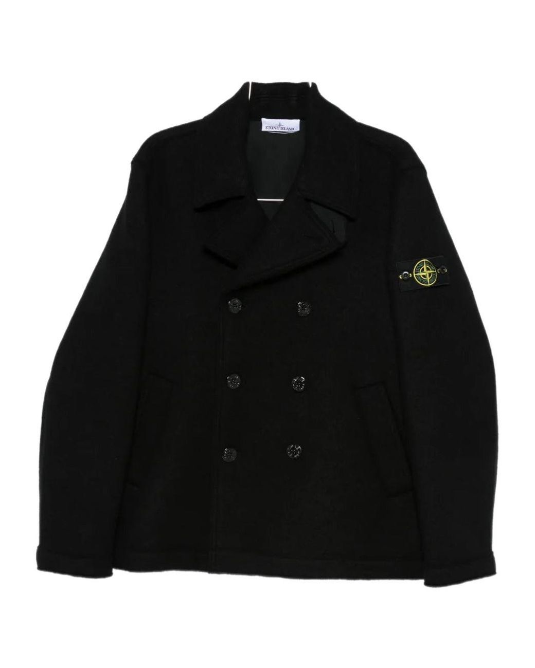 Stone Island Black Double-Breasted Wool Peacoat for men